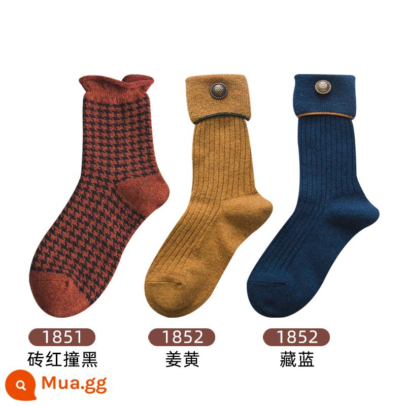 Vớ len trẻ em vào tất cả mùa thu và mùa đông bong bóng tất cashmere trong vớ mùa đông trắng cộng với vớ đặc bằng nhung dày - B13-17 1851 đỏ gạch và đen + 1852 nghệ + xanh navy 3 đôi