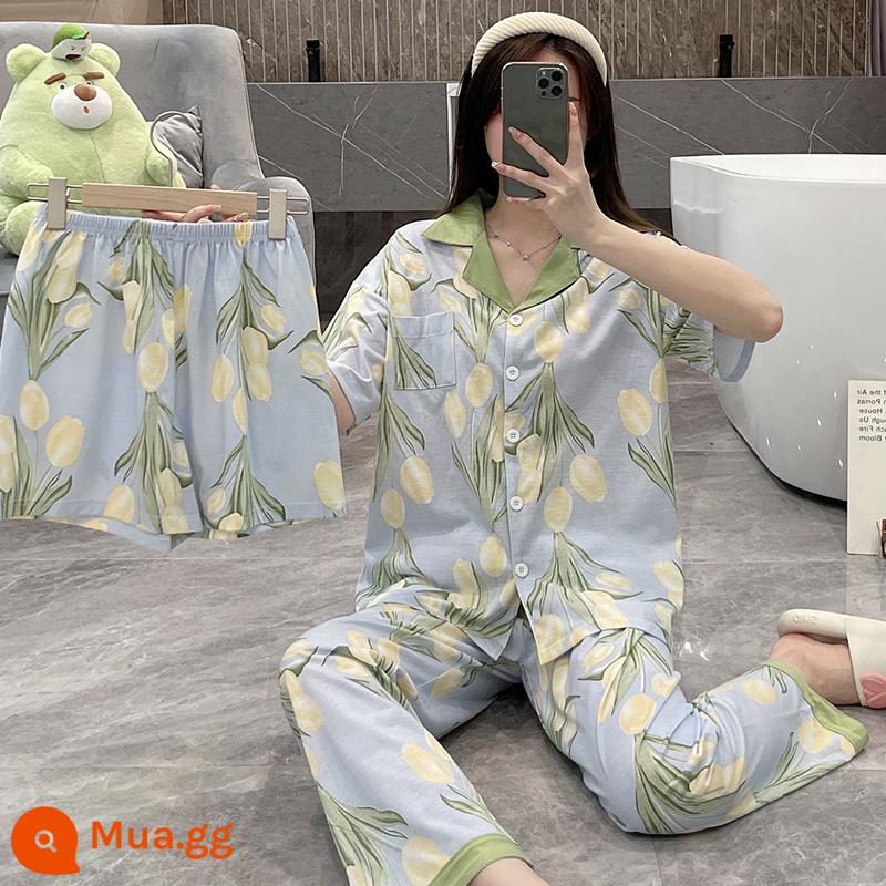 Mùa hè mới bộ đồ ngủ hoạt hình ngọt ngào cho bé gái Bộ đồ ba mảnh 2022 cotton nguyên chất ngắn tay phục vụ tại nhà cao cấp - 1311 Bộ ba mảnh hoa vàng