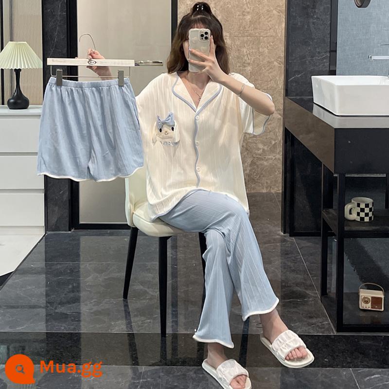 Mùa hè mới bộ đồ ngủ hoạt hình ngọt ngào cho bé gái Bộ đồ ba mảnh 2022 cotton nguyên chất ngắn tay phục vụ tại nhà cao cấp - Bộ ba món hoạt hình nơ 2317