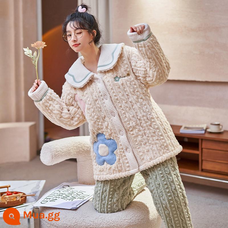 2022 dày hoạt hình san hô nỉ Bộ đồ ngủ nữ 3 lớp chần bông flannel phục vụ tại nhà phù hợp với mùa thu đông phong cách mới - 9034 nhị sắc hoa mai