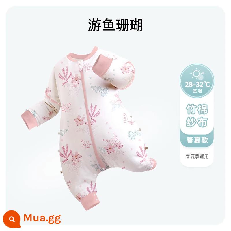 ibaby nhiệt độ không đổi tre cotton gạc cho bé chia chân túi ngủ cho trẻ sơ sinh chống đá túi ngủ mùa xuân và mùa thu đồ ngủ cho bé mỏng - [Hai lớp sợi chống cắn] Cá và san hô