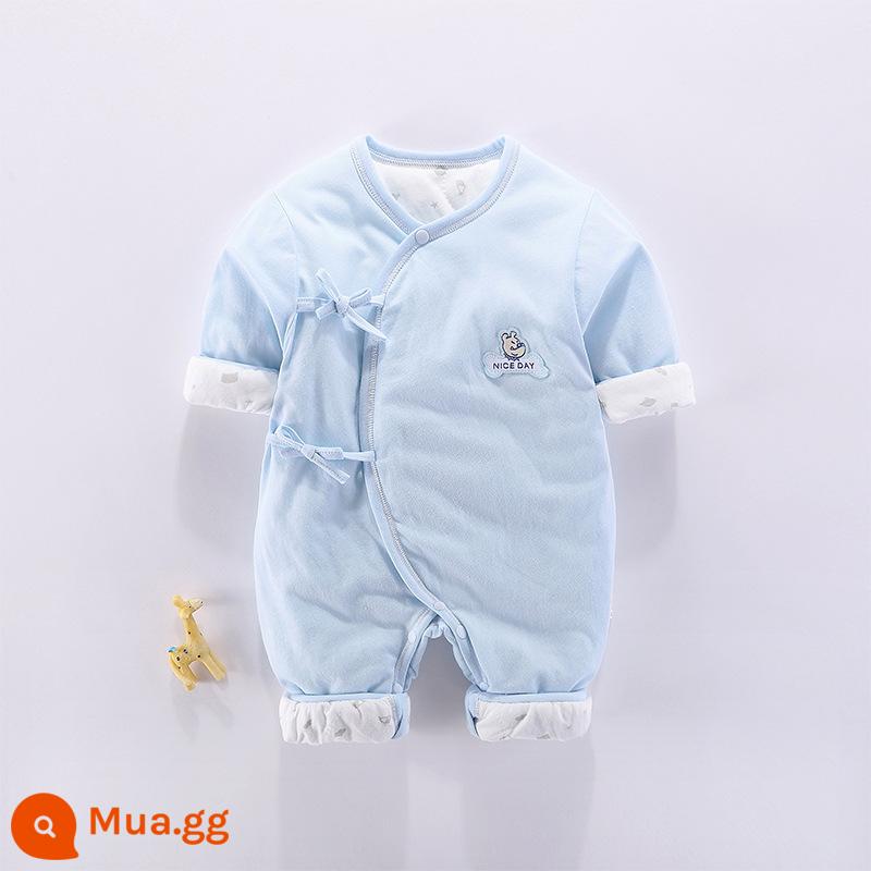 Quần áo sơ sinh xuân hạ thu đông chần bông đi chơi cotton mỏng 0 bộ 06 tháng 3 áo liền quần sơ sinh áo liền quần cho bé - 19301 (Xanh) Jumpsuit độn mỏng