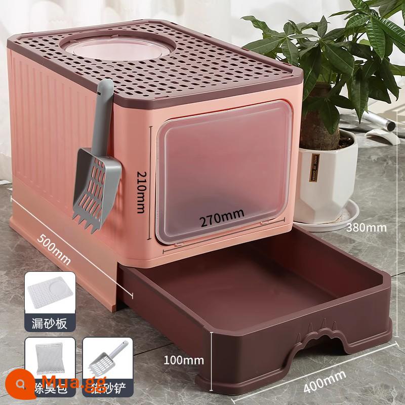 Cat Sand Basin Siêu lớn Tất cả -Semi -ngăn kéo bao gồm Cat Nhà vệ sinh Stinky chống lại Cage Cage Cage Cage Cat - Loại ngăn kéo kín hoàn toàn ngăn mùi hoa anh đào màu hồng [bộ 3 món miễn phí]