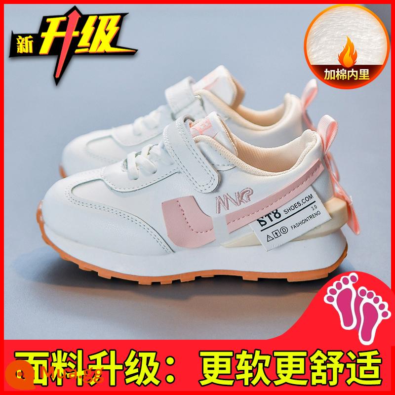 Giày Bé Gái Giày Sneaker Thu Đông 2022 Mới Cho Trẻ Em Giày Nhỏ Màu Trắng Plus Nhung Hai Bông Thu Đông Bố Giày - Hồng hai bông (phiên bản nâng cấp)