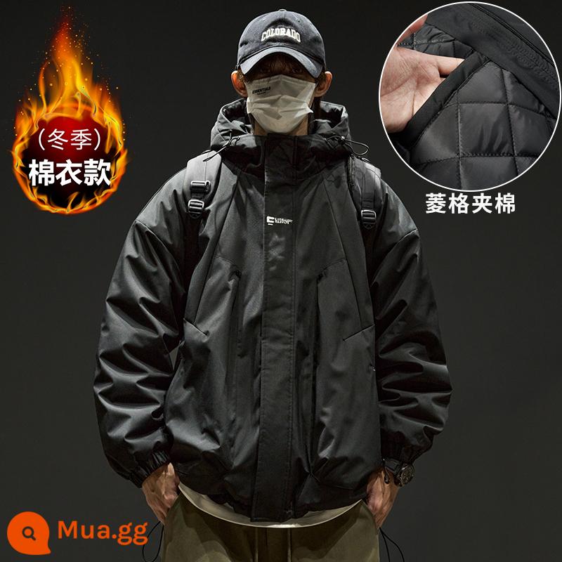 Quần áo bảo hộ lao động nam áo khoác cotton, áo khoác nam có mũ dày mùa đông, áo jacket, áo khoác cotton ấm áp cho bé trai, quần áo mùa đông size lớn - đen