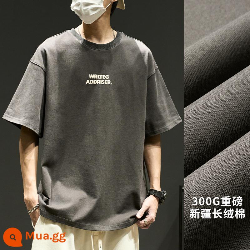 Áo thun nam ngắn tay mùa hè nam cotton dày 300g phong cách Mỹ thương hiệu Tide boy quần áo nửa tay màu đen - Màu xám đen