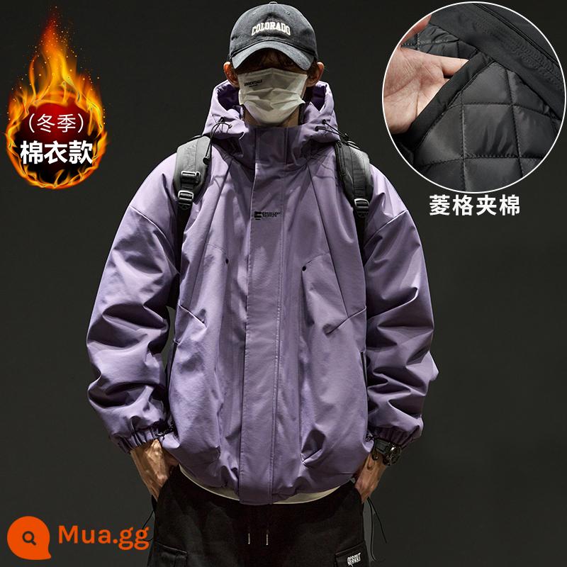 Quần áo bảo hộ lao động nam áo khoác cotton, áo khoác nam có mũ dày mùa đông, áo jacket, áo khoác cotton ấm áp cho bé trai, quần áo mùa đông size lớn - Màu tím