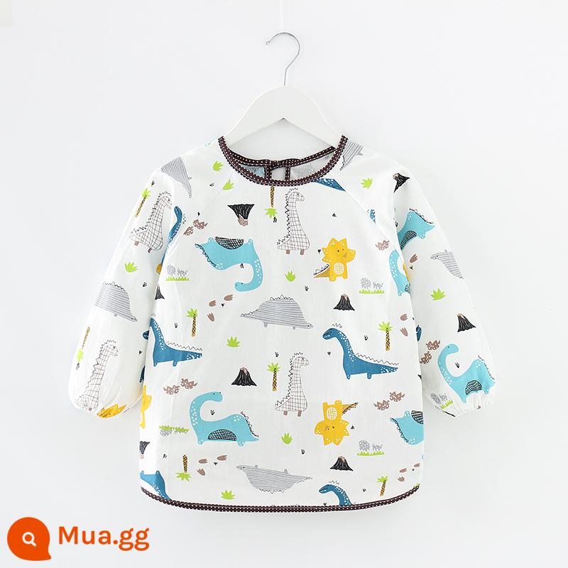 Yếm trẻ em cotton chống thấm nước quần áo bé ăn dặm bé trai bé gái tạp dề thay đồ ngược chống bẩn quần áo bảo hộ dài tay thoáng khí - Khủng long trên nền trắng