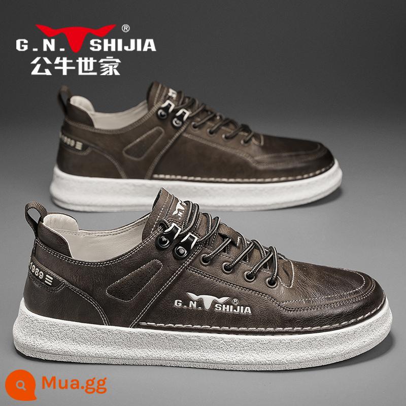 Bull Family Giày Nam Mùa Thu Đông 2022 Mới Plus Nhung Cotton Giày Da Thường Nam Giày Sneaker Da Xu Hướng - Kaki C