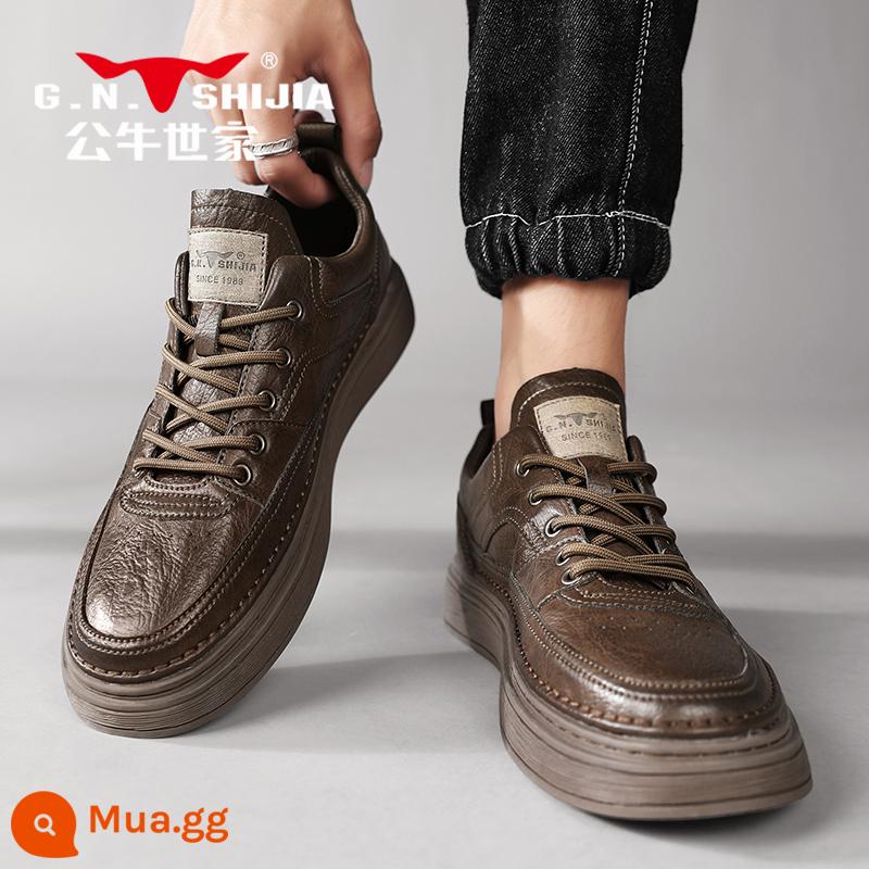 Bull Family Giày Nam Mùa Thu Đông 2022 Mới Plus Nhung Cotton Giày Da Thường Nam Giày Sneaker Da Xu Hướng - nâu