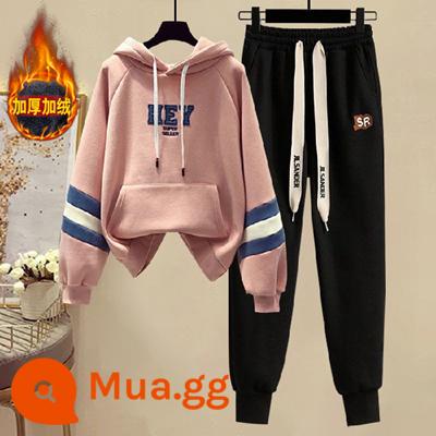 Thời Trang Bộ Đồ Thể Thao Nữ 2022 Mới Mùa Thu Đông Sang Trọng Trang Dày Hoodie Có Chân Và Quần 2 Bộ - Áo khoác hồng và quần đen [lông cừu dày]