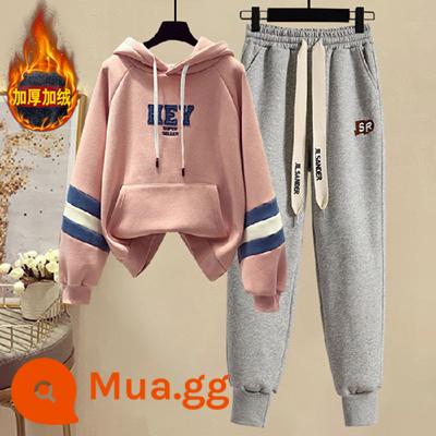 Thời Trang Bộ Đồ Thể Thao Nữ 2022 Mới Mùa Thu Đông Sang Trọng Trang Dày Hoodie Có Chân Và Quần 2 Bộ - Áo khoác hồng và quần xám [nhung dày]