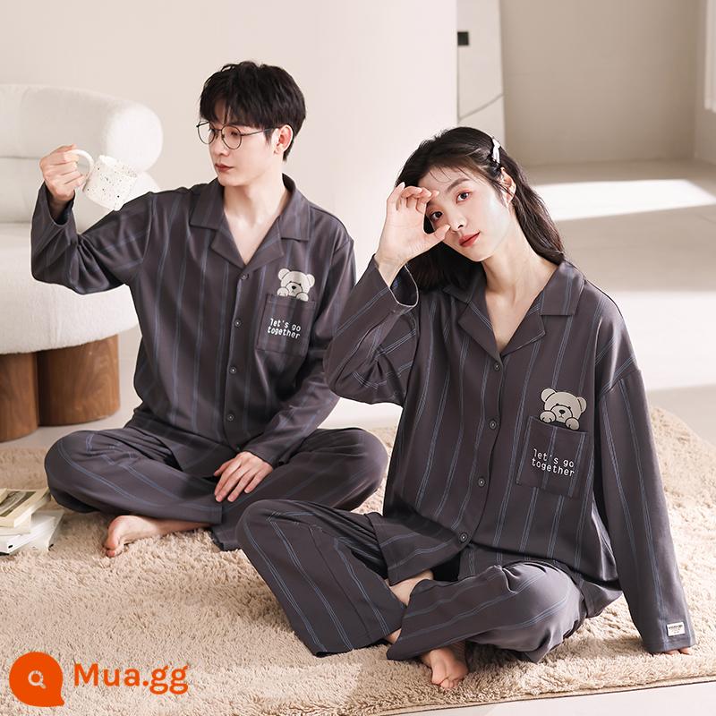 Cặp đôi đồ ngủ mùa xuân và mùa thu áo khoác cardigan cotton nguyên chất hoạt hình có thể mặc bên ngoài cho nam và nữ Bộ đồ phục vụ tại nhà bằng cotton mùa thu đông - YTF23831