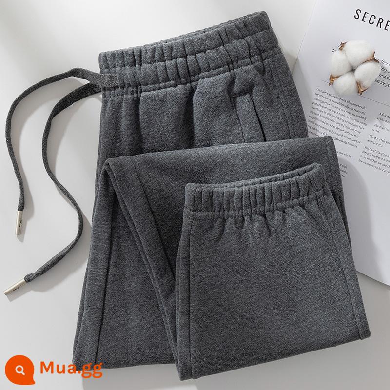 Quần cotton thể thao nữ xuân thu 2024 mới màu xám nhạt cotton cỡ lớn thường ngày mùa đông nhung quần legging dài thấm hút mồ hôi - Màu xám đậm (quần nhung)