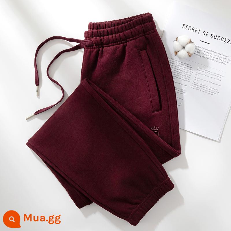 Quần cotton thể thao nữ xuân thu 2024 mới màu xám nhạt cotton cỡ lớn thường ngày mùa đông nhung quần legging dài thấm hút mồ hôi - Burgundy (quần xuân thu)