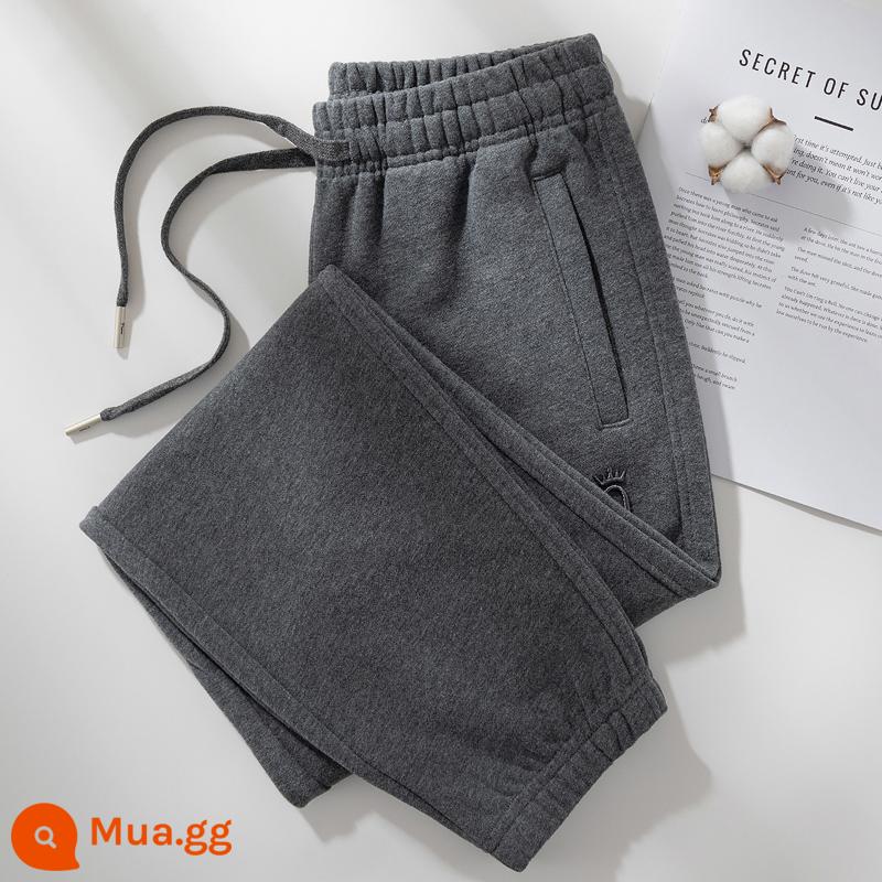 Quần cotton thể thao nữ xuân thu 2024 mới màu xám nhạt cotton cỡ lớn thường ngày mùa đông nhung quần legging dài thấm hút mồ hôi - Màu xám đậm (quần xuân thu)