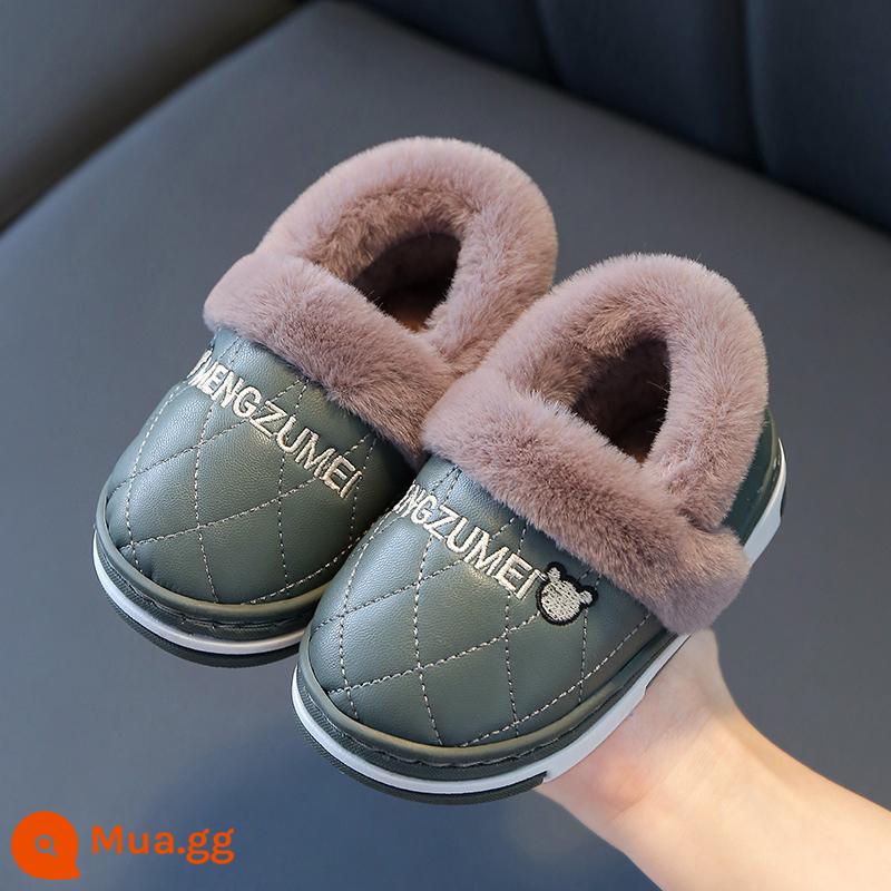 Dép con mùa đông Nội thất ấm áp PU bằng da Túi chống nước Slipper Slipper Trẻ em và Giày trẻ em Giày trẻ em 1-5 tuổi - Màu xanh lá cây đậm