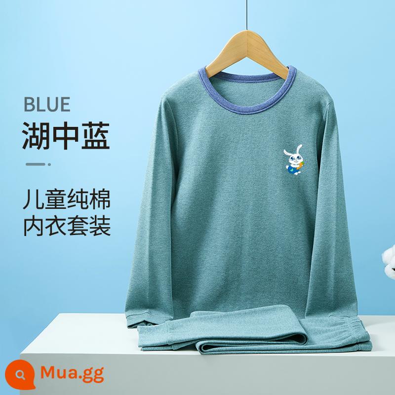 Bộ quần áo mùa thu và quần vệ sinh bé trai Hengyuanxiang Bộ quần áo cotton nguyên chất cho trẻ em Quần lót bé trai trẻ trung và lớn 2023 Áo len cotton mới - Áo cổ tròn Lake Blue Boy (In hình chú thỏ)