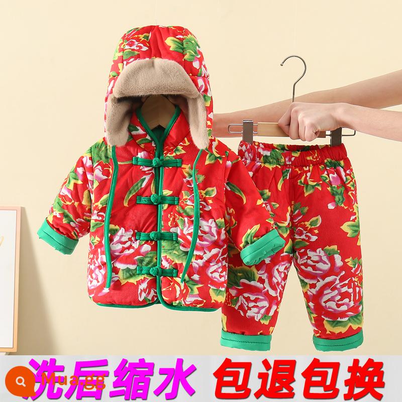 Bộ đồ vải hoa to Đông Bắc bé trai, quần áo cotton thu đông bé gái, quần áo đón tết cho bé, áo khoác cotton và quần cotton năm mới cho bé - [Túi giữa] Bộ ba mảnh không co rút