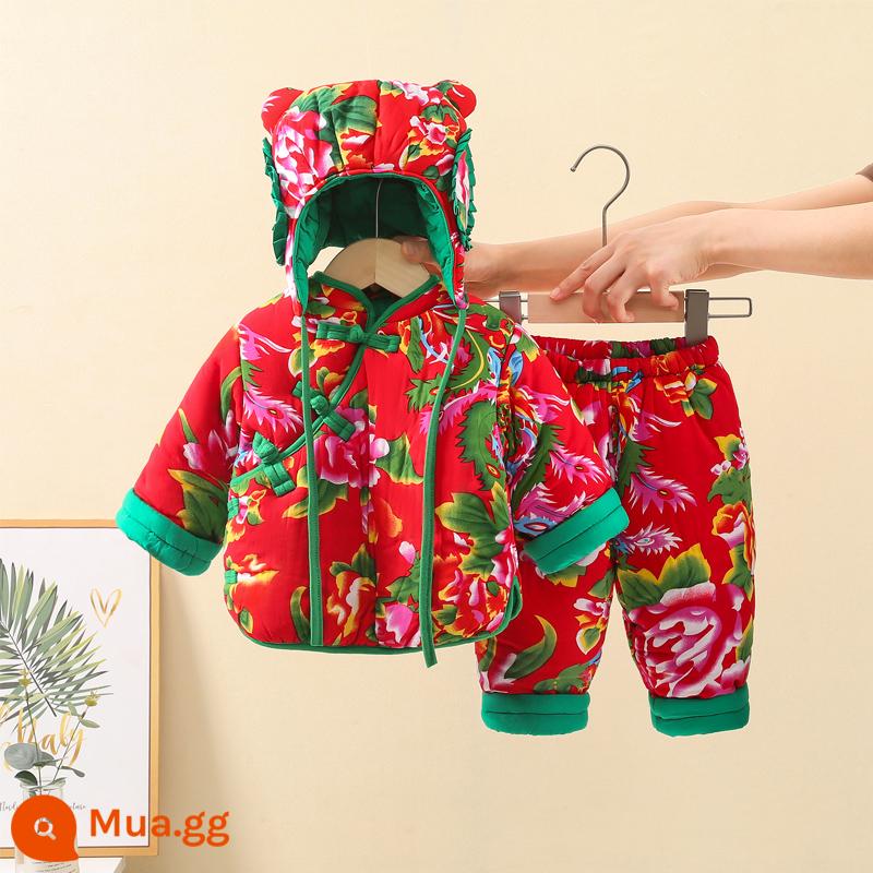 Bộ đồ vải hoa to Đông Bắc bé trai, quần áo cotton thu đông bé gái, quần áo đón tết cho bé, áo khoác cotton và quần cotton năm mới cho bé - [Túi một phần] Bộ ba mảnh màu đỏ, thu nhỏ, nên tăng một cỡ.