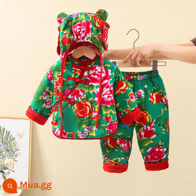 Bộ đồ vải hoa to Đông Bắc bé trai, quần áo cotton thu đông bé gái, quần áo đón tết cho bé, áo khoác cotton và quần cotton năm mới cho bé - [Túi một phần] Bộ đồ ba mảnh màu xanh lá cây, bị thu nhỏ. Đề nghị tăng một cỡ.