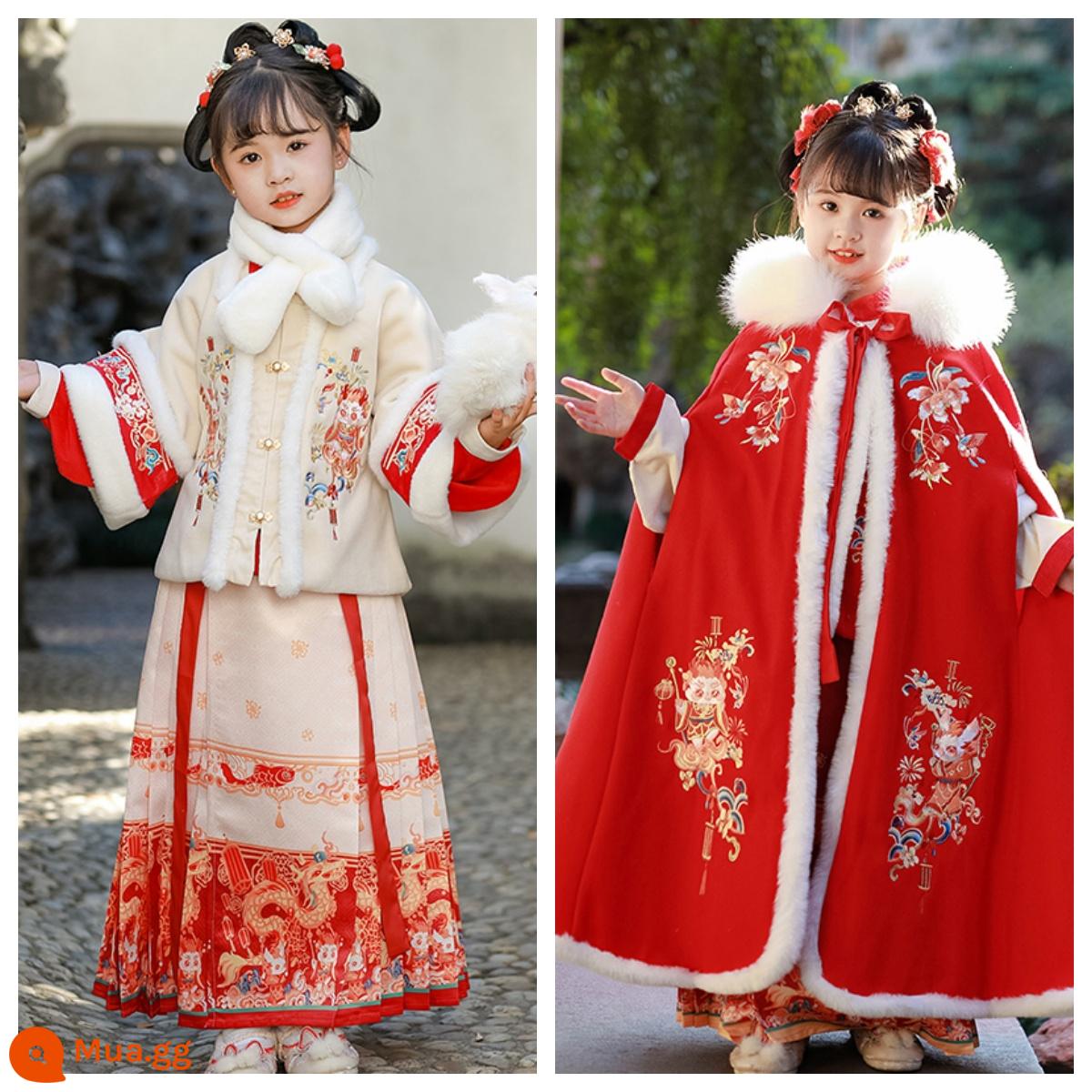 Áo choàng bé gái áo choàng mùa đông Hanfu bé cộng với nhung dày phong cách Trung Quốc Quần áo năm mới cho trẻ em đi chơi trang phục cổ trang thu đông - Bộ ba món áo khoác Xianglong + cổ lông + áo choàng đỏ Xianglong