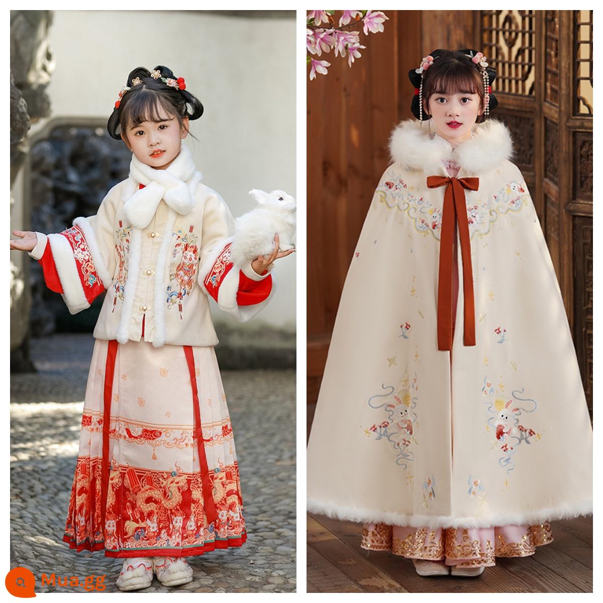 Áo choàng bé gái áo choàng mùa đông Hanfu bé cộng với nhung dày phong cách Trung Quốc Quần áo năm mới cho trẻ em đi chơi trang phục cổ trang thu đông - Bộ ba món áo khoác Xianglong + cổ lông + áo choàng thỏ ngọc