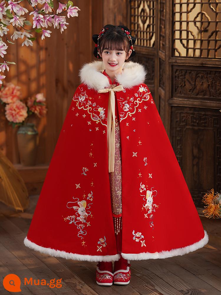 Áo choàng bé gái áo choàng mùa đông Hanfu bé cộng với nhung dày phong cách Trung Quốc Quần áo năm mới cho trẻ em đi chơi trang phục cổ trang thu đông - Áo choàng nhung dày màu đỏ ngọc thỏ