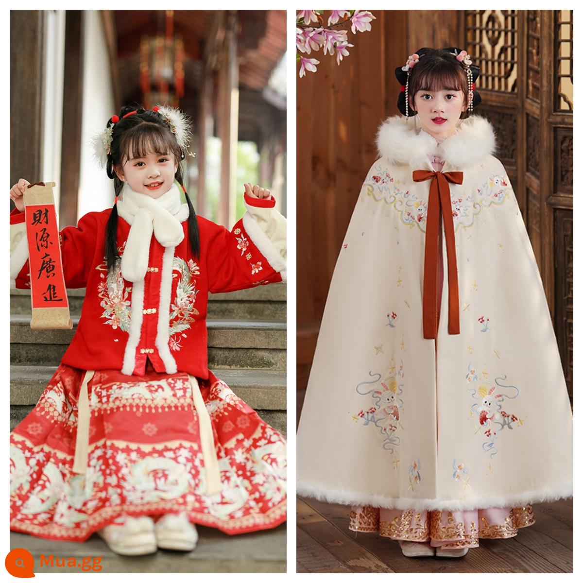 Áo choàng bé gái áo choàng mùa đông Hanfu bé cộng với nhung dày phong cách Trung Quốc Quần áo năm mới cho trẻ em đi chơi trang phục cổ trang thu đông - Rồng trắng nhỏ và thỏ ngọc Hanfu đỏ + Cổ lông + Áo choàng thỏ ngọc