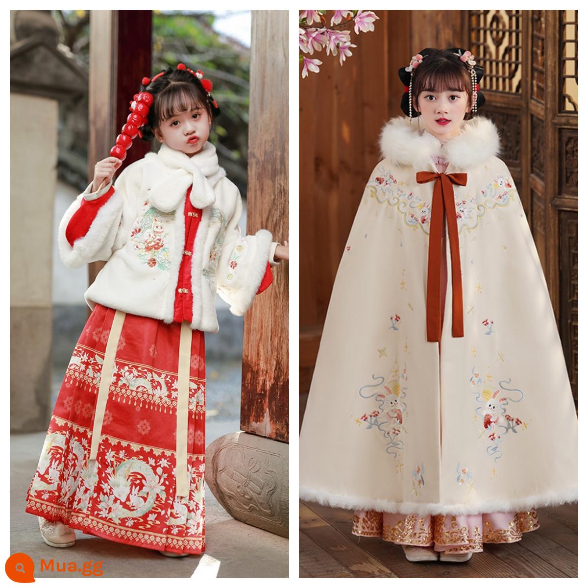 Áo choàng bé gái áo choàng mùa đông Hanfu bé cộng với nhung dày phong cách Trung Quốc Quần áo năm mới cho trẻ em đi chơi trang phục cổ trang thu đông - Hanfu rồng nhỏ và thỏ ngọc + Cổ lông + Áo choàng thỏ ngọc