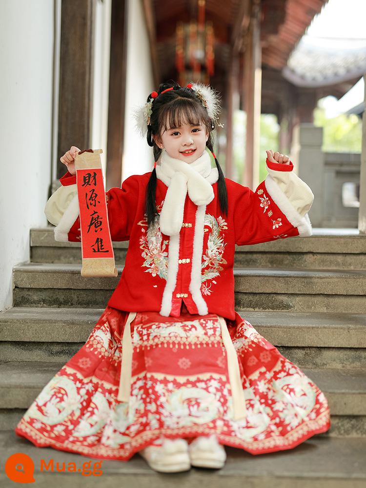 Áo choàng bé gái áo choàng mùa đông Hanfu bé cộng với nhung dày phong cách Trung Quốc Quần áo năm mới cho trẻ em đi chơi trang phục cổ trang thu đông - Bộ đồ chúc mừng năm mới màu đỏ mới [gửi cổ lông]