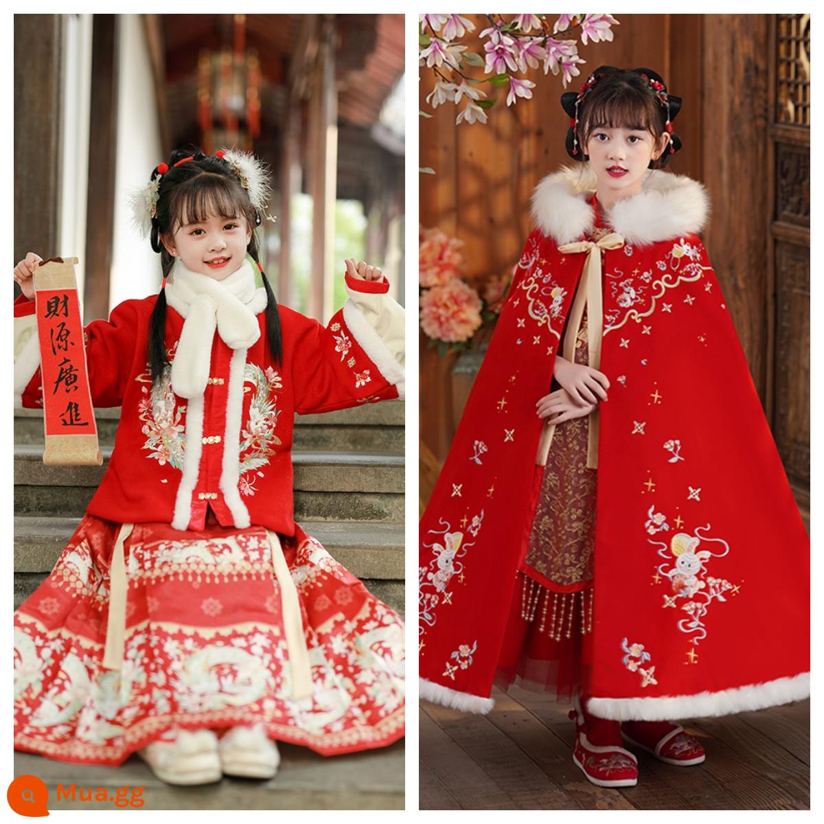 Áo choàng bé gái áo choàng mùa đông Hanfu bé cộng với nhung dày phong cách Trung Quốc Quần áo năm mới cho trẻ em đi chơi trang phục cổ trang thu đông - Rồng trắng nhỏ và thỏ ngọc Hanfu đỏ + cổ lông + áo choàng đỏ thỏ ngọc