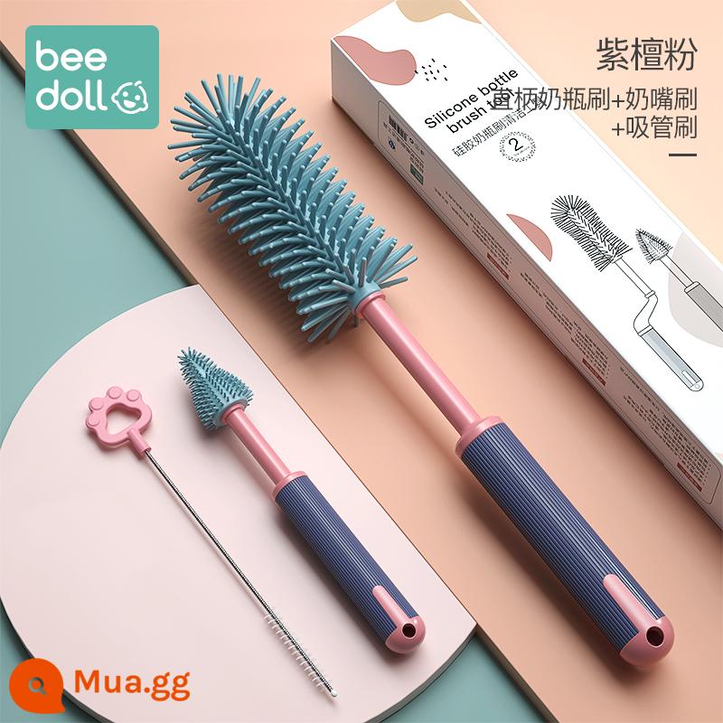 Cọ rửa bình sữa bằng silicone cho bé Cọ núm vú cho bé Cọ rơm Cọ xoay rửa bình Cọ rửa sạch Bàn chải cọ rửa Bộ cọ vệ sinh - [Bộ 3 cây bột gỗ hồng sắc] Cọ bình sữa tay cầm thẳng + cọ núm vú giả + chổi cọ ống hút (hồng)