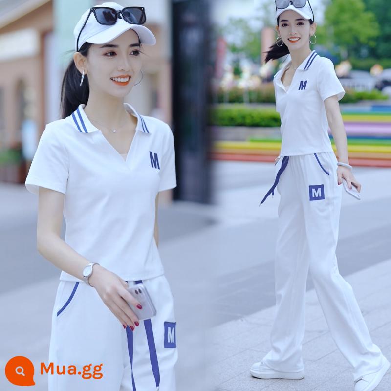 Mùa hè 2023 mới cotton thể thao nữ phù hợp với thời trang phong cách nước ngoài nhỏ thời trang ngắn tay 2 mảnh phù hợp với - Trắng