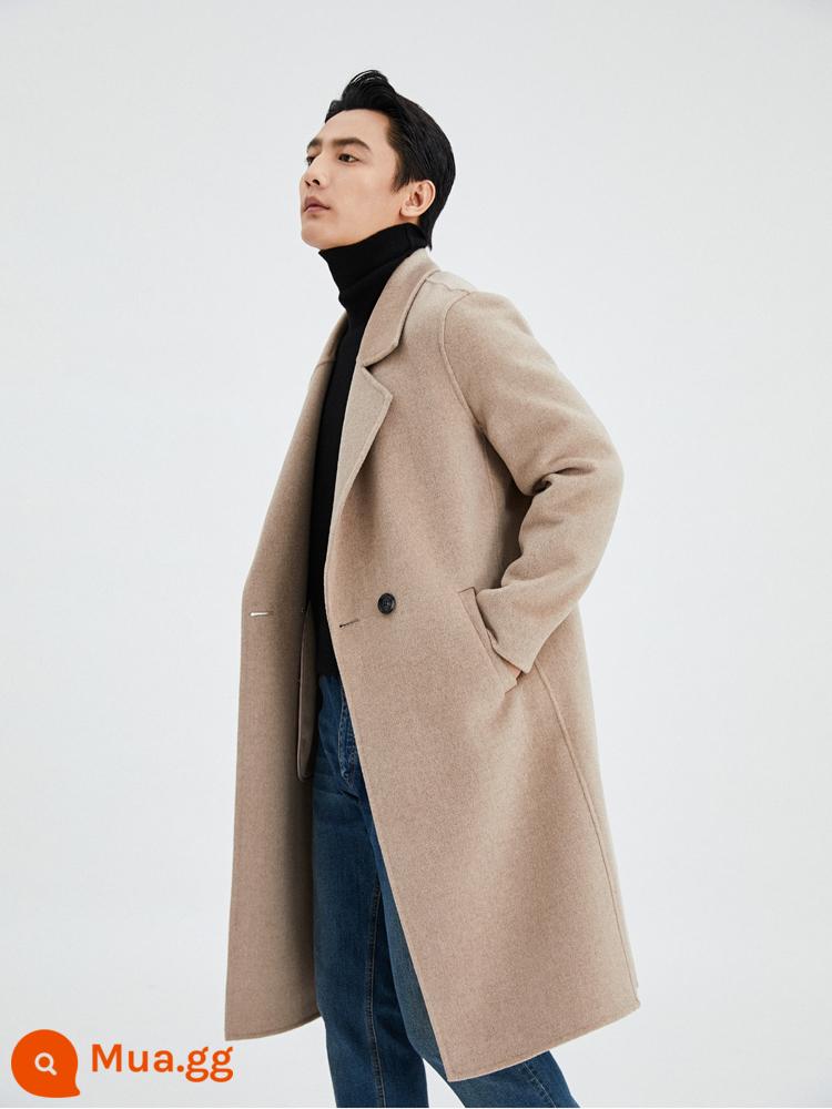 Len nguyên chất 2 mặt áo khoác len nam dài vừa đến đầu gối 2 mặt áo khoác cashmere phù hợp với cổ áo len áo gió - nâu nhạt