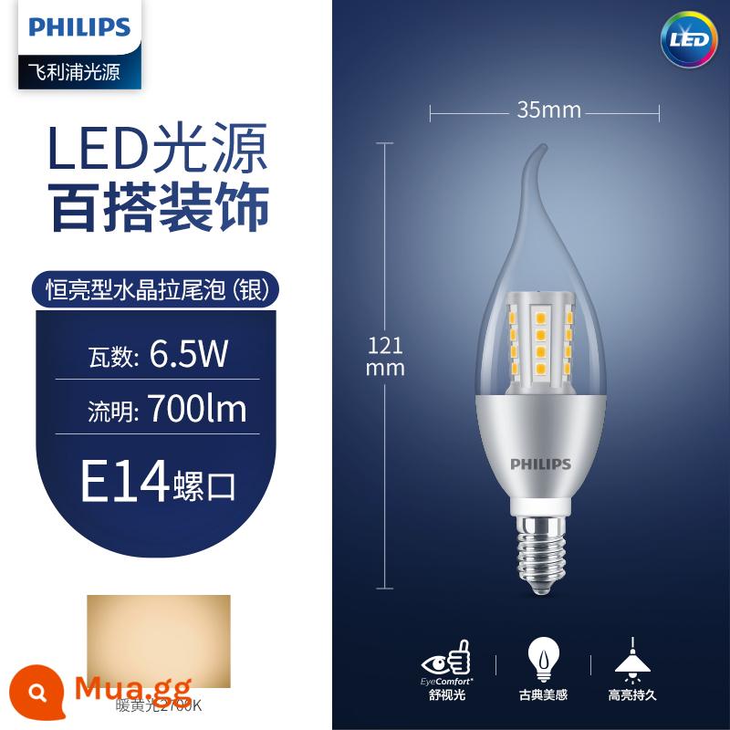 Đèn Led Philips Nến Tiết Kiệm Năng Lượng Đầu Bong Bóng Kéo Đuôi Bóng Đèn Nhỏ Hộ Gia Đình Siêu Sáng E14e27 Vít Pha Lê Đèn Chùm - Đuôi kéo pha lê [đèn ấm 6,5W bạc] Cổng vít nhỏ E14