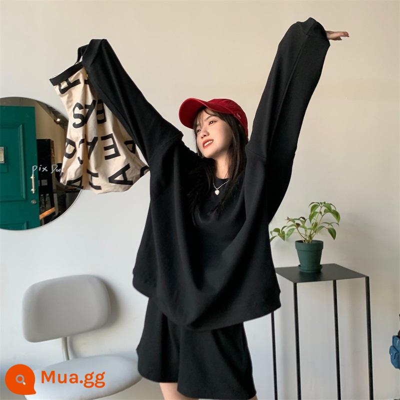 Walv Geng Sports Casual Set Spring Spring and Autumn Poor Loose BF Lazy Student Fashion Fashion Set - đen