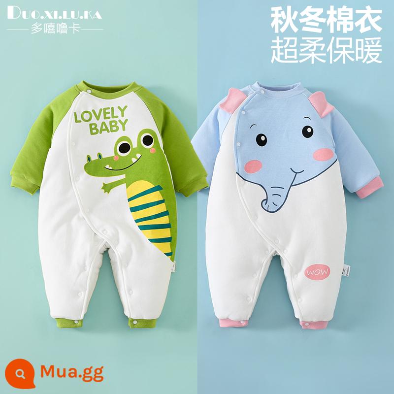 2 mảnh sơ sinh áo liền quần mùa thu đông cotton ấm quần áo dày nam bé nữ bé đi ra ngoài triều - Cá sấu xanh + voi