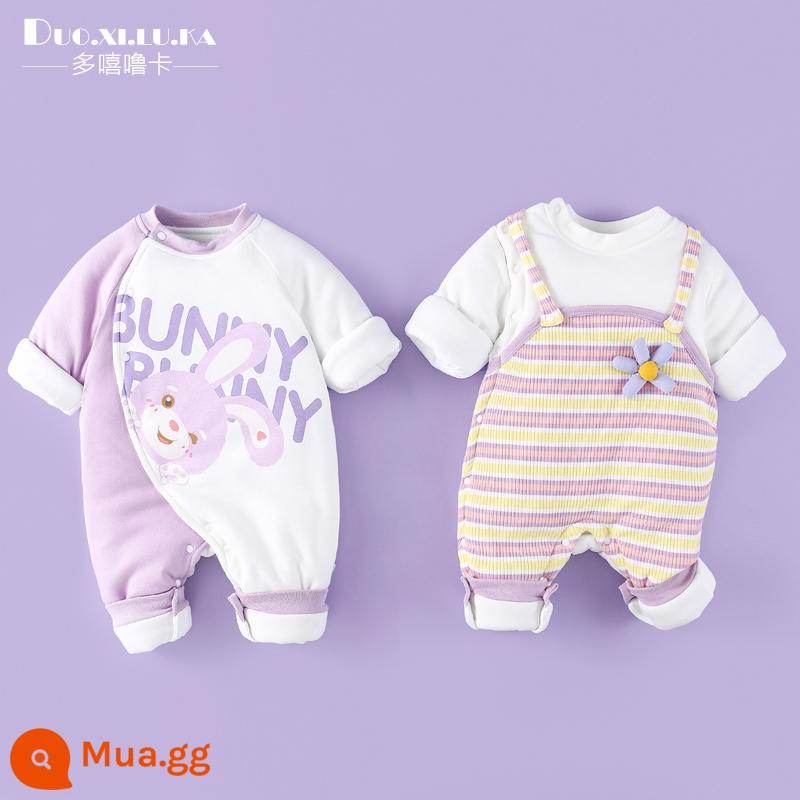 2 mảnh áo liền quần cho bé mùa đông dày ấm đệm bông sơ sinh độn áo liền quần cotton cho bé quần áo phong cách nước ngoài hợp thời trang - Thỏ Anh Tím + Hoa Sọc Sau