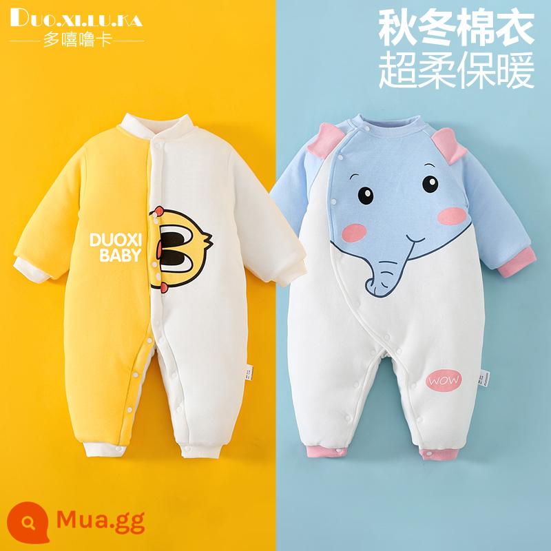 2 mảnh sơ sinh áo liền quần mùa thu đông cotton ấm quần áo dày nam bé nữ bé đi ra ngoài triều - Vịt vàng trắng + voi