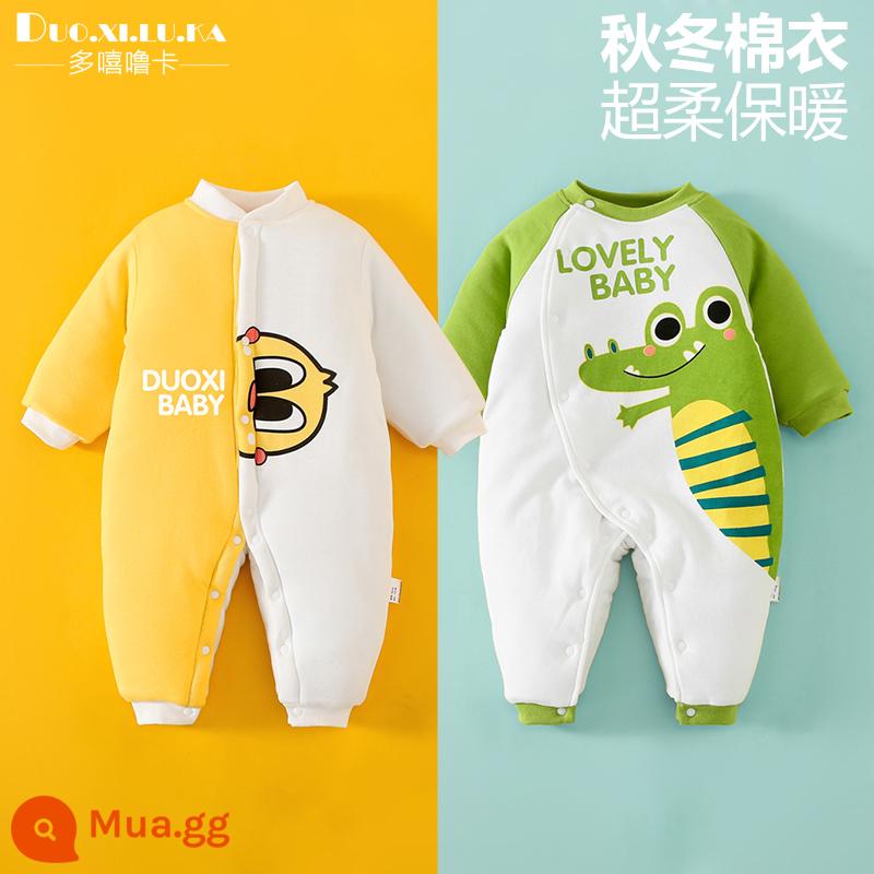 2 mảnh áo liền quần cho bé mùa đông dày ấm đệm bông sơ sinh độn áo liền quần cotton cho bé quần áo phong cách nước ngoài hợp thời trang - Vịt vàng trắng + cá sấu xanh