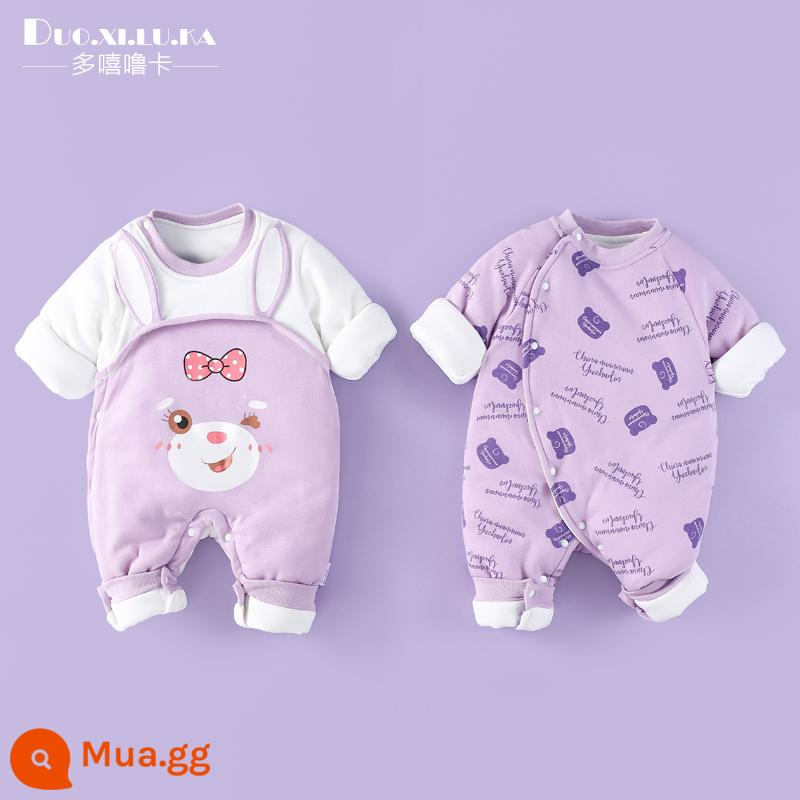 2 mảnh áo liền quần cho bé mùa đông dày ấm đệm bông sơ sinh độn áo liền quần cotton cho bé quần áo phong cách nước ngoài hợp thời trang - Gấu tím tai dài + đầu gấu tím