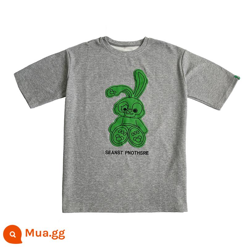 Duofu triều mèo thương hiệu mùa hè màu xám T-Shirt ngắn tay của phụ nữ mùa hè phù hợp với chùm màu xanh lá cây quần thể thao giản dị 2 bộ - Áo phông màu xám