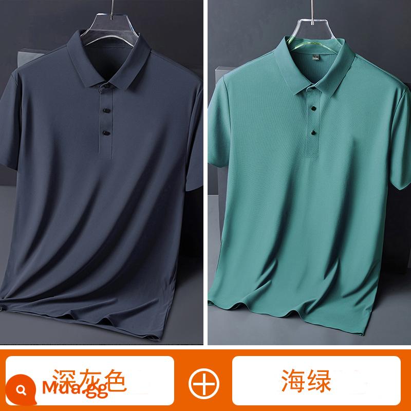 Áo sơ mi polo lụa băng không đánh dấu xu hướng mùa hè dành cho nam áo thun ngắn tay có ve áo rộng, phần mỏng, bộ trang phục bố thoáng khí nhanh khô - [Gói 2] Xám Đậm + Xanh Biển