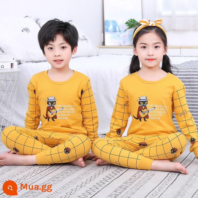 Bộ đồ lót trẻ em bằng cotton nguyên chất, áo len cotton mùa thu đông cho trẻ em cỡ lớn, áo len mỏng dài tay cho bé trai và bé gái, quần áo mùa thu cho bé, quần vệ sinh - đàn guitar mèo con màu vàng