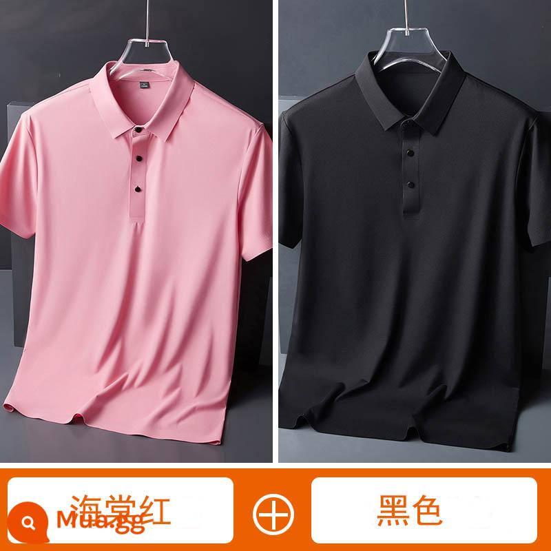 Áo sơ mi polo lụa băng không đánh dấu xu hướng mùa hè dành cho nam áo thun ngắn tay có ve áo rộng, phần mỏng, bộ trang phục bố thoáng khí nhanh khô - [2 gói] Begonia Đỏ + Đen