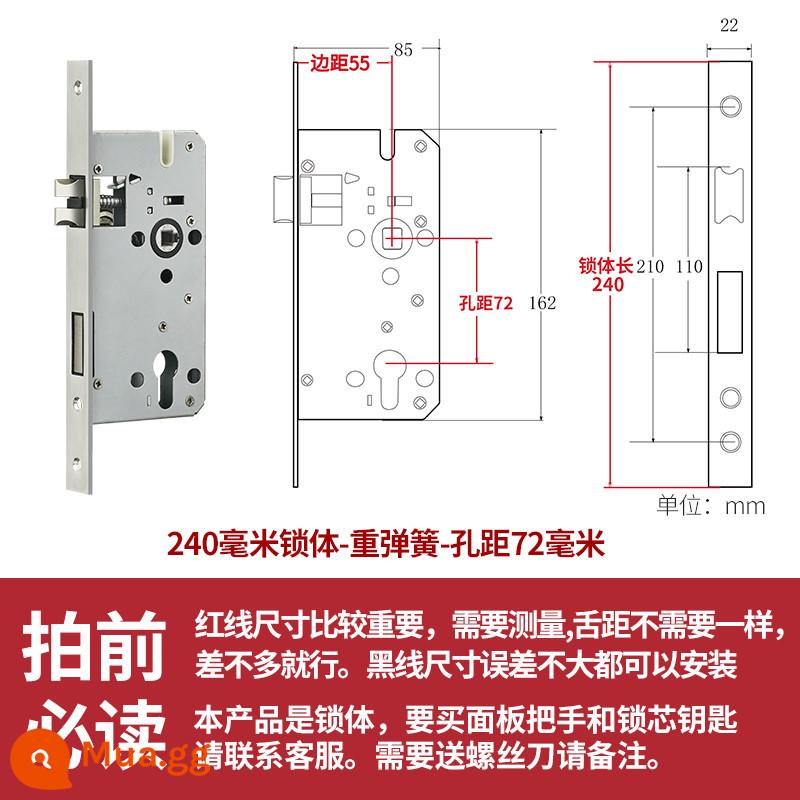 Thép không gỉ thân khóa lõi khóa trong nhà phòng ngủ chốt cửa khóa cửa gỗ đa năng cửa phòng bộ khóa phòng hộ gia đình tắt tiếng - Lò xo trọng lượng 240 - khoảng cách lỗ 72