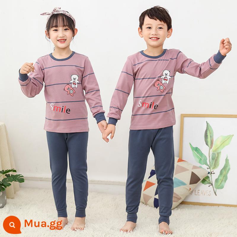 Bộ đồ lót trẻ em bằng cotton nguyên chất, áo len cotton mùa thu đông cho trẻ em cỡ lớn, áo len mỏng dài tay cho bé trai và bé gái, quần áo mùa thu cho bé, quần vệ sinh - hai con gấu tím