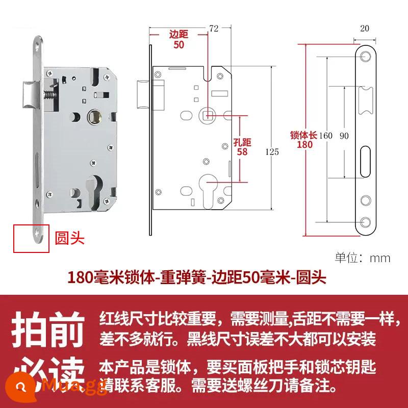 Thép không gỉ thân khóa lõi khóa trong nhà phòng ngủ chốt cửa khóa cửa gỗ đa năng cửa phòng bộ khóa phòng hộ gia đình tắt tiếng - Lò xo có trọng lượng 180 - lề 50 - đầu tròn