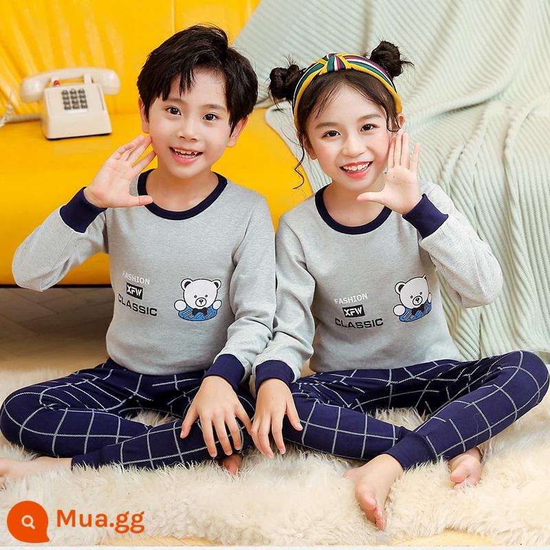 Bộ đồ lót trẻ em bằng cotton nguyên chất, áo len cotton mùa thu đông cho trẻ em cỡ lớn, áo len mỏng dài tay cho bé trai và bé gái, quần áo mùa thu cho bé, quần vệ sinh - gấu xám